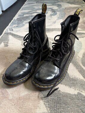 2010 black patent leather Dr. Martens AirWair boots, 8-eye lace-up, US 8 women's